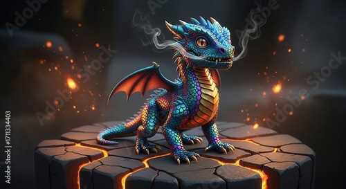 Ultra-detailed baby dragon with shimmering scales, standing proudly on a cracked stone, glowing embers floating around.