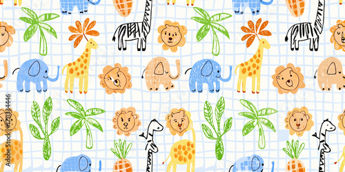 Cute cartoon safari animals and tropical plants seamless pattern for kids