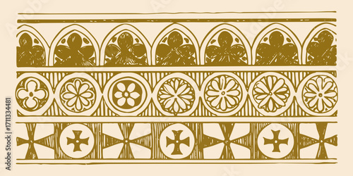 Vintage gothic architectural decorative border with floral and cross motifs in gold outline