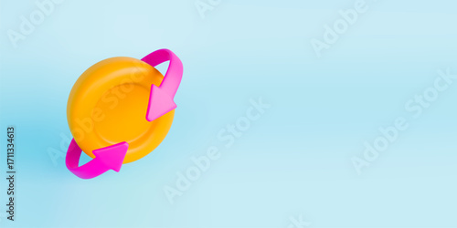 Cashback coin 3d. Realistic gold coin with pink arrow around. Cashback, refund and return concept. Banner with sign of refund and digital payment with money back. Vector illustration