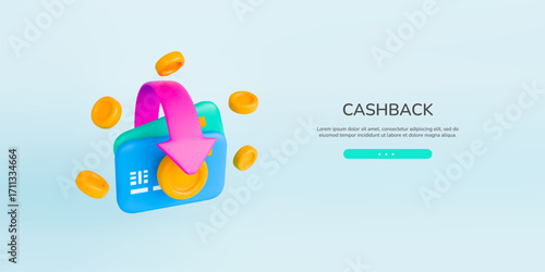 3d cashback credit card landing page. Realistic bank card with gold coin in front and golden coins and pink arrows around. Money return, cashback and transfer web concept. Vector sign of cash service