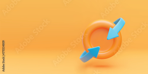 Cashback coin 3d with yellow background. Realistic gold coin with blue arrow around. Cashback, refund and return concept. Vector banner with sign of refund and digital payment with money back.