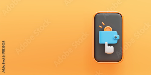 Online wallet 3D banner. Realistic smartphone with coin inside wallet and hand cursor on screen. Mobile wallet, online payment and money transfer concept. Vector flyer with yellow background