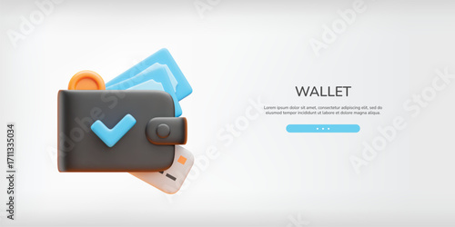 Wallet with money 3D landing page. Realistic black wallet with banknotes, coins, credit or debit card. Money saving concept web banner. Online payment service. Vector illustration