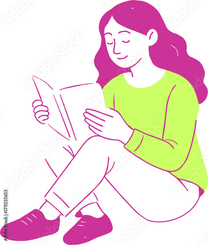 Reading education female student sitting and reading a book trending concept flat illustration