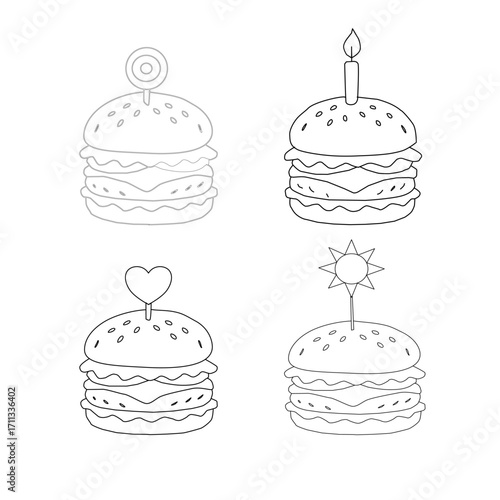 doodle burger pattern background. doodle fast food burger seamless pattern background. seamless pattern of hamburger in doodle style. Seamless Pattern of a Cheese Burger. Doodle burger with stick.