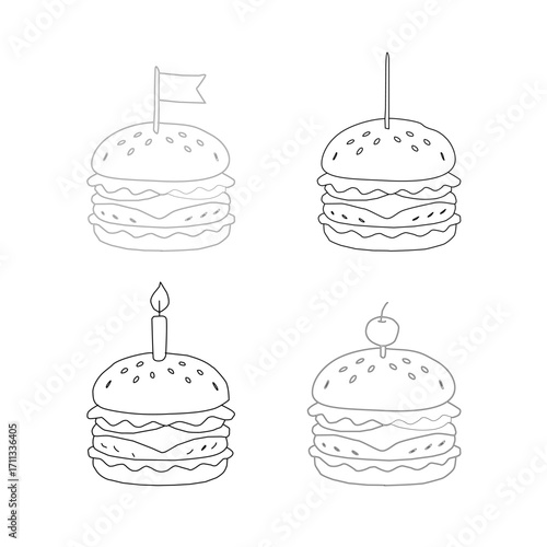 doodle burger pattern background. doodle fast food burger seamless pattern background. seamless pattern of hamburger in doodle style. Seamless Pattern of a Cheese Burger. Doodle burger with stick.
