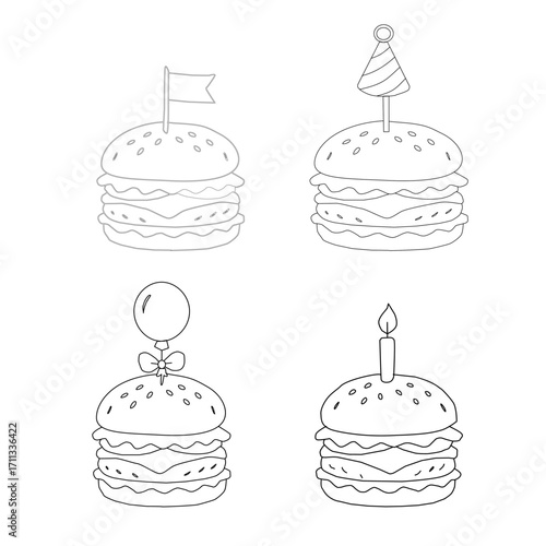 doodle burger pattern background. doodle fast food burger seamless pattern background. seamless pattern of hamburger in doodle style. Seamless Pattern of a Cheese Burger. Doodle burger with stick.