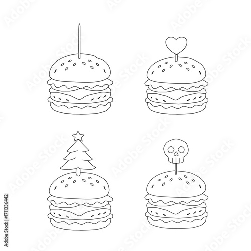 doodle burger pattern background. doodle fast food burger seamless pattern background. seamless pattern of hamburger in doodle style. Seamless Pattern of a Cheese Burger. Doodle burger with stick.