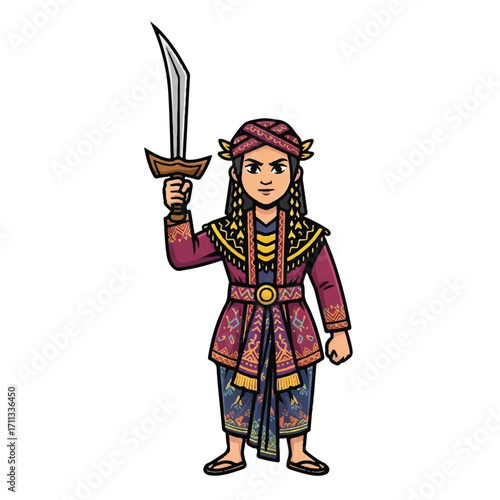 Illustration of a warrior woman holding a sword up in a traditional costume with intricate designs and patterns on a white background.