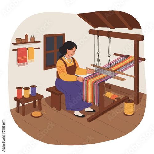 Rural woman gracefully weaving colorful fabric on a traditional loom in a cozy home, surrounded by spools of thread, depicted in a vibrant flat 2D vector illustration.