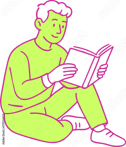 Reading education male student sitting and reading a book trending concept flat illustration