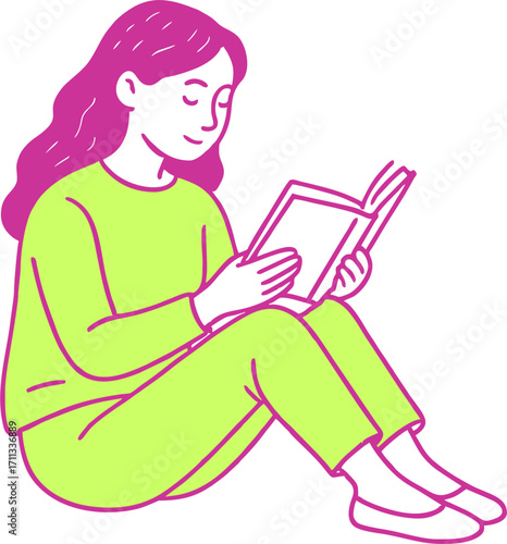 Reading education female student sitting and reading a book trending concept flat illustration