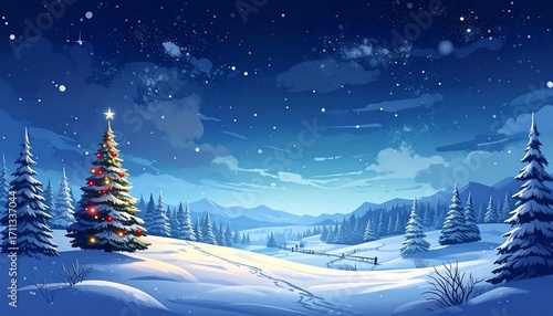 A snowy nighttime scene features a decorated Christmas tree illuminated against a starry sky, with snow-covered evergreen trees and distant mountains