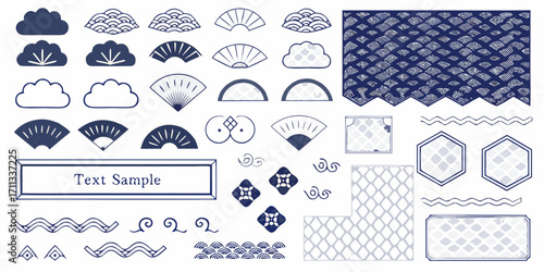 Collection of traditional japanese decorative elements and patterns in blue and white