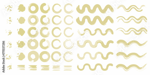 Collection of abstract brush stroke elements including circles waves and lines in a light golden yellow hue