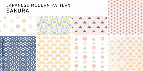 Collection of modern japanese inspired seamless patterns featuring sakura flowers and geometric shapes in pastel colors