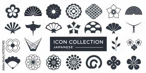 Collection of japanese inspired icons featuring floral motifs fans and traditional patterns