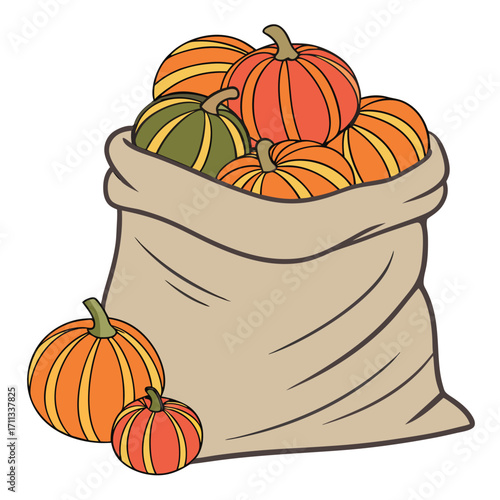 Burlap sack holds colorful striped pumpkins with two pumpkins resting near it on white