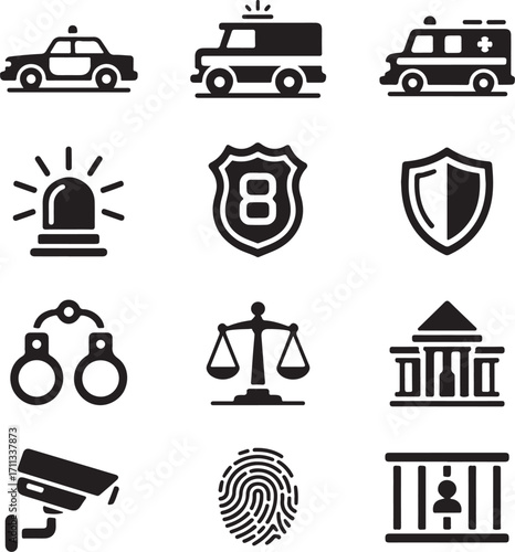 law enforcement and justice icons in black and white color