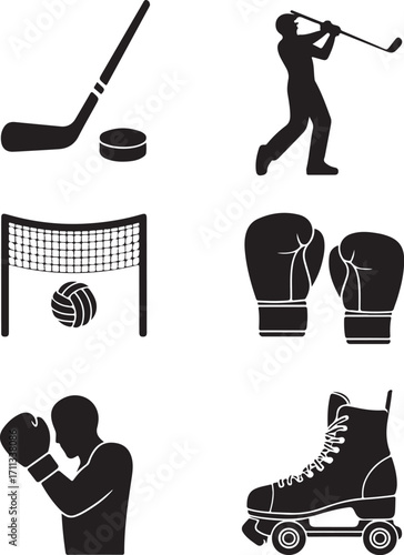 Sports icons including hockey, golf, boxing, and roller skating