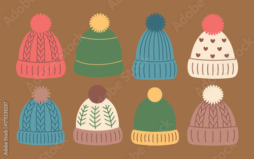 Set of flat design vector hats for winter and autumn, featuring beanies, caps, scarves, and cozy headwear, stylish seasonal fashion illustration collection.