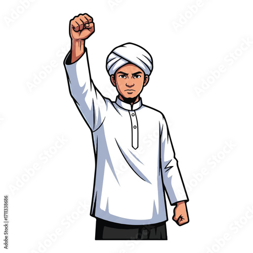 Illustration of a man wearing a turban and white shirt with his fist raised in a gesture of solidarity or protest against a clean white background.