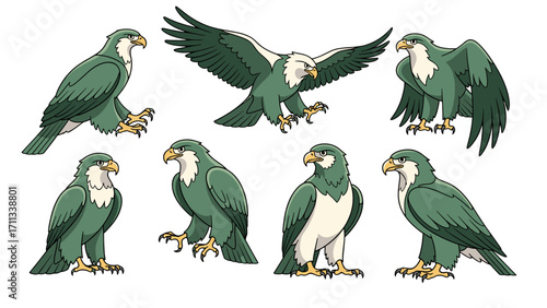 Majestic green falcon bird collection set isolated on transparent background white chest