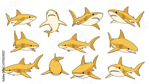 Adorable Yellow Cartoon Sharks in Multiple Poses Isolated on Transparent Background
