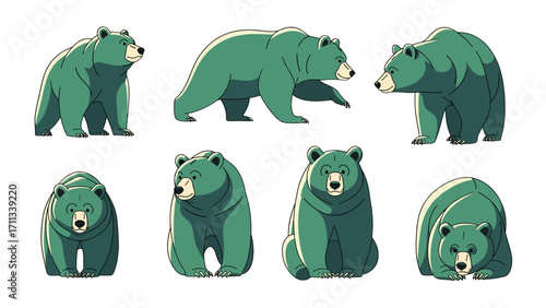Set of pixel art green bears in different poses isolated on transparent background for game assets