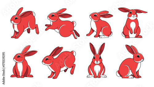 Vibrant Red Rabbits in Diverse Playful Poses Isolated on Transparent Background for Festive Designs