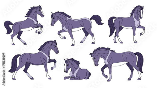 Majestic Dark Purple Horses in Dynamic Poses Isolated on Transparent Background
