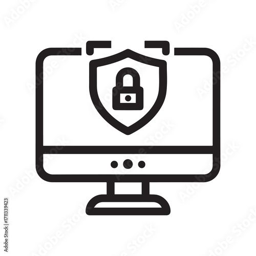 Black Outline of Computer Monitor with a Security Shield Icon Displayed