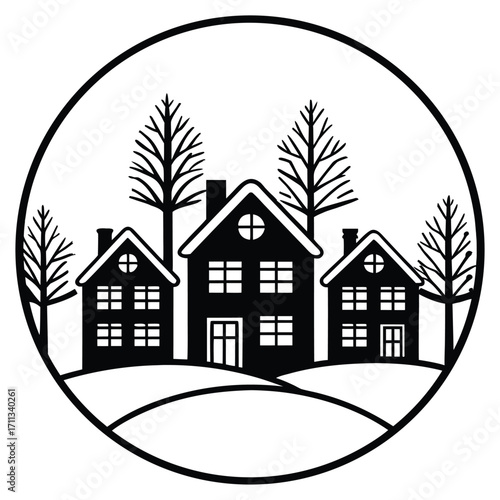 A black silhouette of a snowy village scene