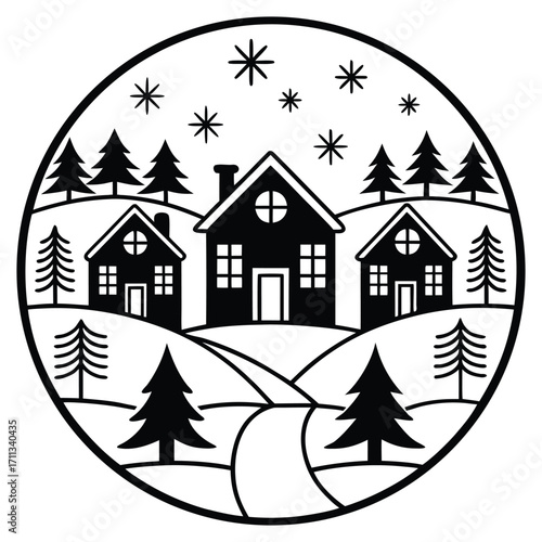 A black silhouette of a snowy village scene