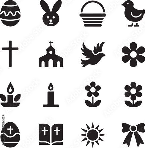 Easter and Christian icons and symbols in black and white