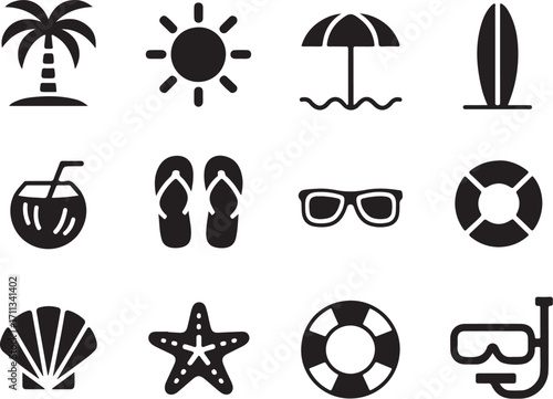Black and white beach icons and summer vacation symbols