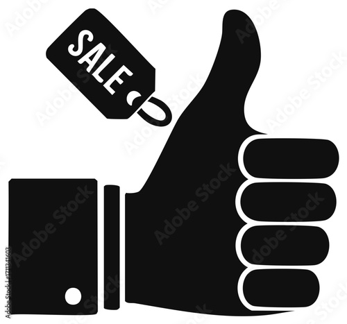 Thumbs up hand with sale tag black and white illustration