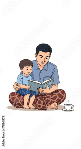 A heartwarming illustration of a loving Latte dad and his young son sharing a special moment, enjoying story time together. This tender scene captures the joy of learning and family bonding
