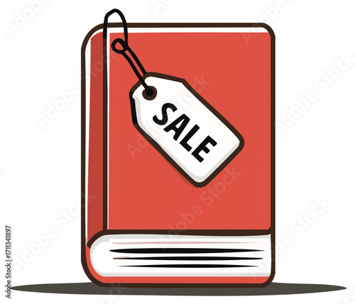 Vibrant red book with a sale tag hanging off the corner represents knowledge for sale at discounted price.