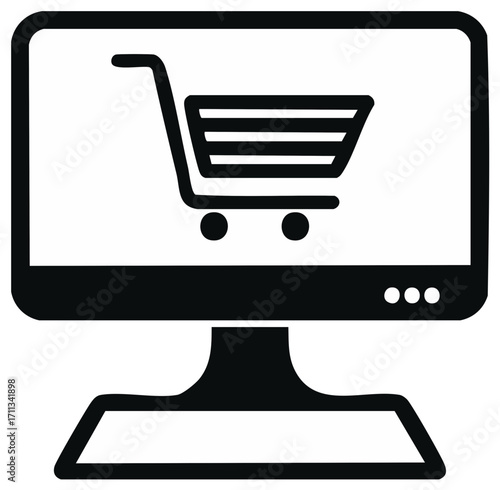 Online shopping and e-commerce vector icon with a shopping cart on a computer monitor display