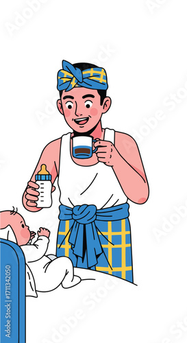 Happy Indonesian Latte dad in traditional Balinese attire enjoying coffee while caring for his newborn baby, a vector illustration of modern fatherhood