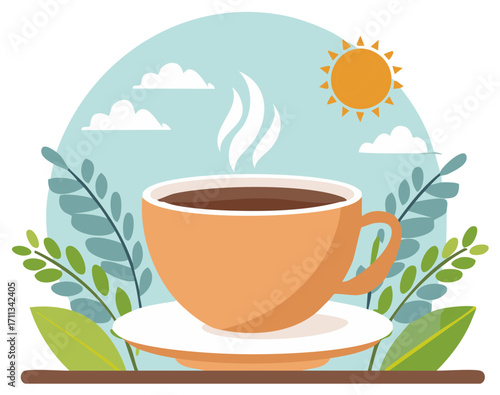 Steaming cup of coffee on a saucer surrounded by lush green foliage under a bright sun