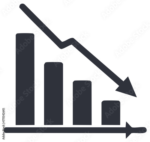 Declining bar chart icon with downward arrow symbolizing financial crisis, loss, and recession.
