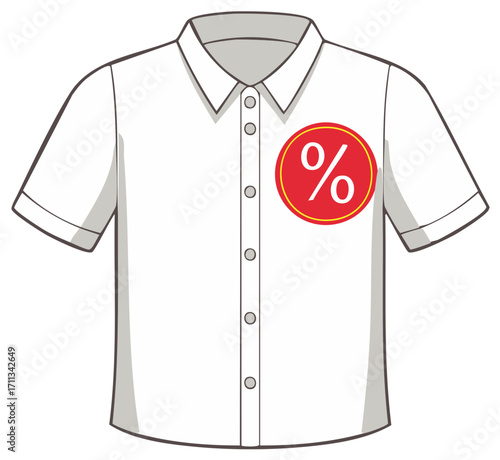 Employee uniform shirt with a red percentage discount sticker for a retail sale or promotion