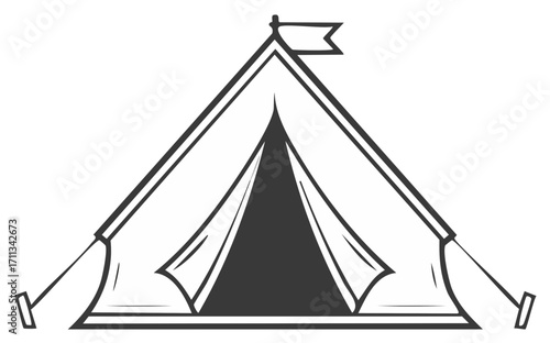 Monochrome line art illustration of a classic camping tent with flag