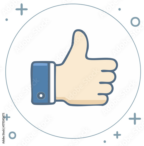 Cartoon hand giving a thumbs up gesture within a circle decorated with plus signs and dots