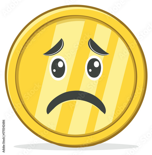 Sad gold coin character, digital illustration of a cartoon money piece with a frown expression and emotional features