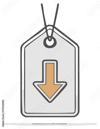 Hand drawn price tag icon with a bold orange downward arrow symbol for discount or download