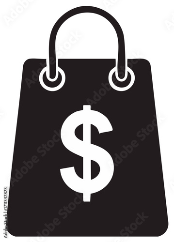 Black Shopping Bag with White Dollar Sign Symbol Illustration